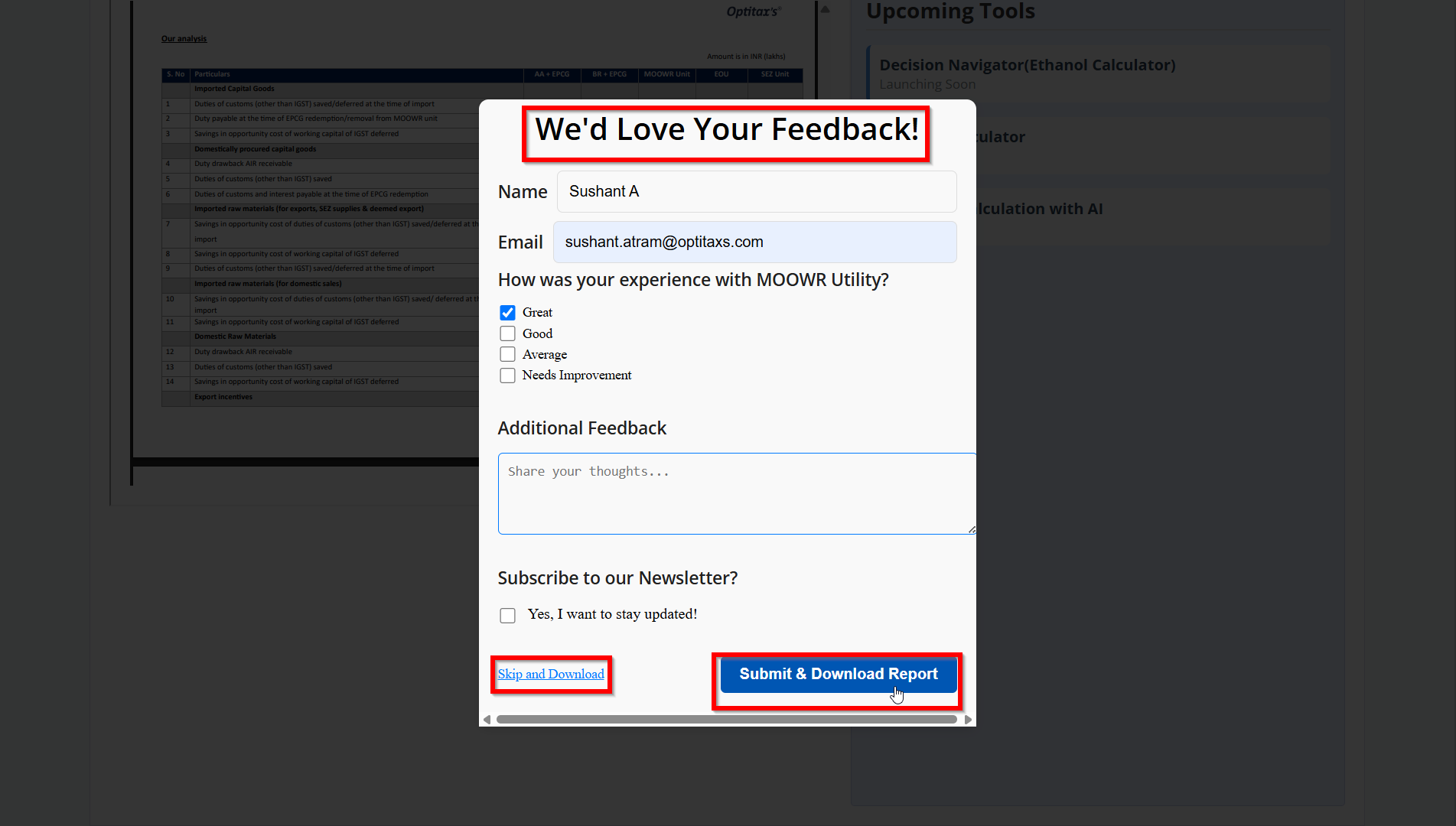 Feedback Form Screenshot